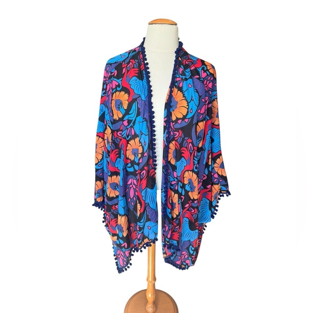 Colleen Lopez Floral Kimono 2X/3X Boho Pom Pom Trim Sheer Cover Up L3